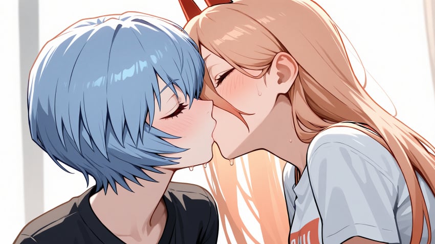 2girls ai_generated ayanami_rei blonde_hair blue_hair blush chainsaw_man closed_eyes clothed clothing collarbone cute eyebrows_visible_through_hair female female_only french_kiss french_kissing girls_kissing horns intimate kissing lesbian_kiss light_skin long_hair making_out multiple_girls neon_genesis_evangelion power_(chainsaw_man) rei_ayanami self_upload short_hair straight sweat yuri