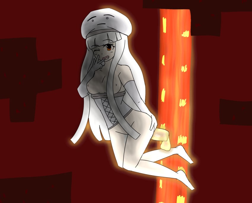 1boy 1girls aenmz breasts edit female floating ghast ghast_(at2.) lava minecraft mob_talker nether orange_eyes penis smile v white_hair