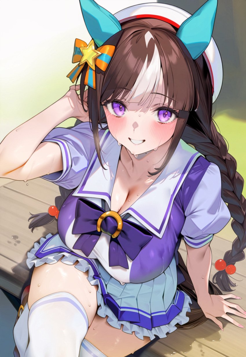 ai_generated animal_ears cleavage colorful_ribbon curly_hair female flat_cap hokko_tarumae_(umamusume) horse_girl idol purple_eyes sweat tracen_school_uniform twintails two_tone_hair umamusume umamusume_pretty_derby