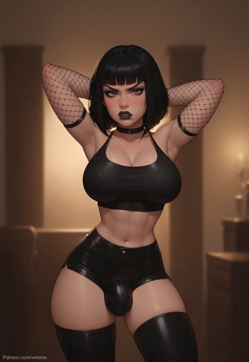 1futa 1futanari abs ai_generated ass bangs belly big_ass big_breasts big_butt big_hips big_penis black_clothes black_clothing black_collar black_hair black_lips black_lipstick black_makeup black_shorts black_tank_top black_topwear bob_cut breasts cleavage clothed clothing collar dick dickgirl disgust disgusted disgusted_expression disgusted_face disgusted_look eyebrows eyelashes eyes fishnet fishnet_armwear fishnet_clothing fishnet_stockings fishnet_topwear fishnets futa_only futanari goth goth_futa goth_girl gothic hair hands-free hands_behind_head huge_cock indoors latex latex_shorts lips lipstick looking_at_viewer makeup mature_female medium_breasts medium_hair muscular narrow_waist narrowed_eyes navel nose original original_character original_characters penis seducing seductive seductive_eyes seductive_gaze seductive_look seductive_mouth seductive_pose short_hair shorts smooth_balls smooth_penis smooth_skin solo solo_dickgirl solo_focus solo_futa solo_futanari tank_top testicles velonix