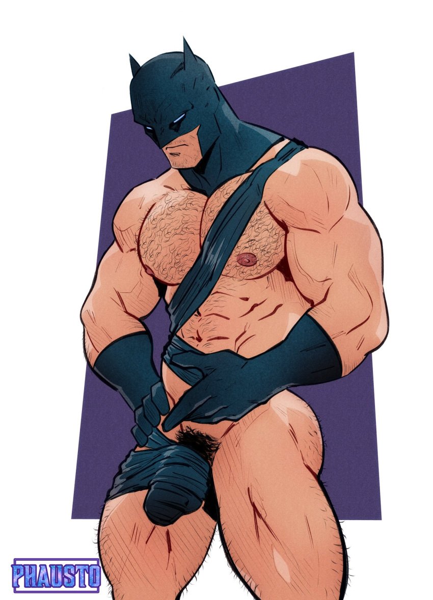 abs bara batman batman_(series) big_pecs black_ribbon bruce_wayne chest_hair dc dc_comics gloves hairy hairy_chest hairy_male justice_league male male_focus male_only masked masked_male meme meme_reference muscular muscular_male nipples nude_guy_wrapped_in_ribbons_standing_(meme) pecs penis_outline phausto pubes pubic_hair ribbon solo solo_male wrapped wrapped_penis