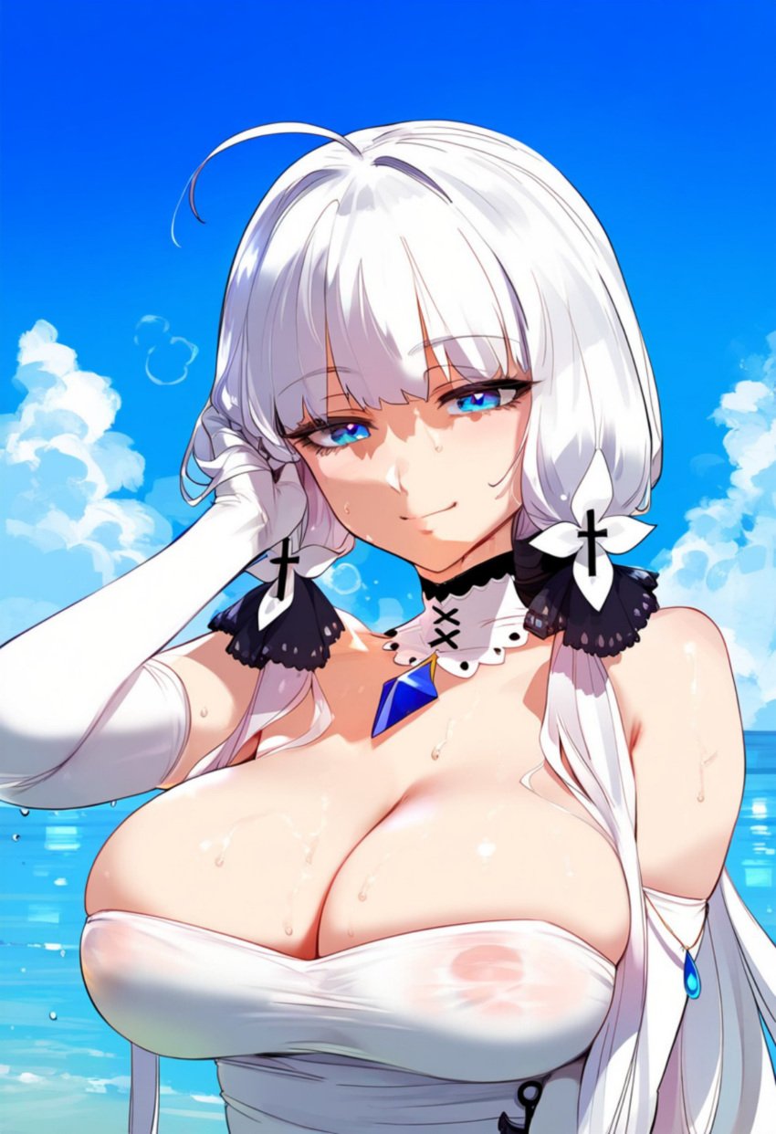 1girls ai_generated azur_lane big_breasts blue_eyes breasts female female_focus huge_breasts illustrious_(azur_lane) large_breasts light-skinned_female long_hair mature_female milf white_hair