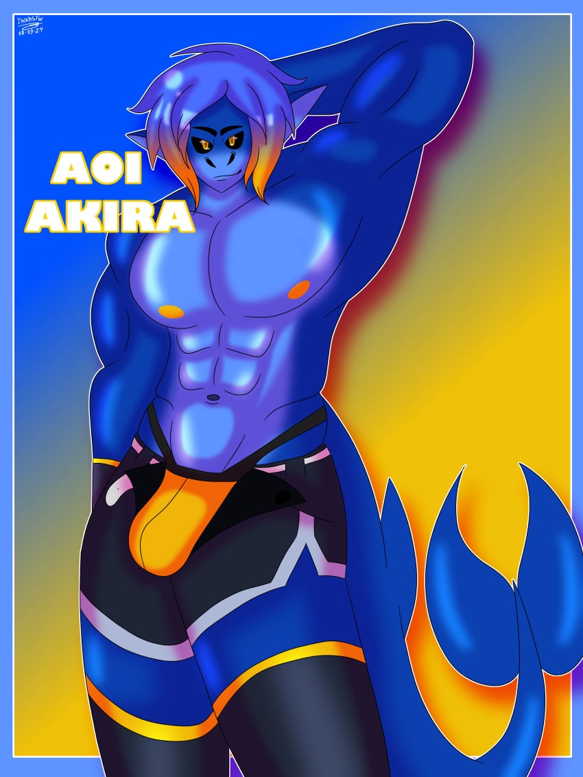 absurd_res anthro aoi_akira_(utau) bottomwear clothed clothing fish hi_res hotpants intaneloid jockstrap jockstrap_only male male/male marine minishorts pecs shark shorts sleeves solo topless underwear underwear_only utau utauloid