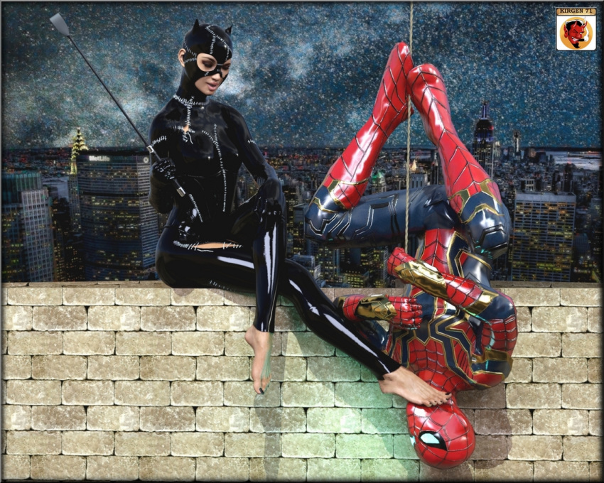 1boy 1girls barefoot batman_(series) batman_returns catwoman crossover dc dc_vs._marvel feet female female_domination femdom foot_fetish foot_worship human human_only iron_spider latex male marvel marvel_cinematic_universe selina_kyle spider-man spider-man_(series) straight toes