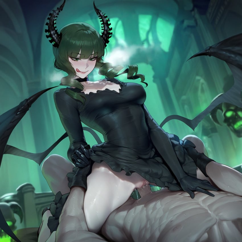 1boy 1boy1girl 1girls absurd_res ai_generated assertive_female black_dress black_rock_shooter clothed_female_nude_male cowgirl_position dead_master devil_girl devil_horns devil_wings dress dress_lift genital_fluids gloves gothic gothic_girl green_eyes green_hair hand_on_thigh hip_wings horns large_breasts licking_lips liu_(artist) looking_down looking_pleasured pale_skin pussy_juice skull straight taut_clothes thick_thighs vaginal_penetration voluptuous voluptuous_female wings