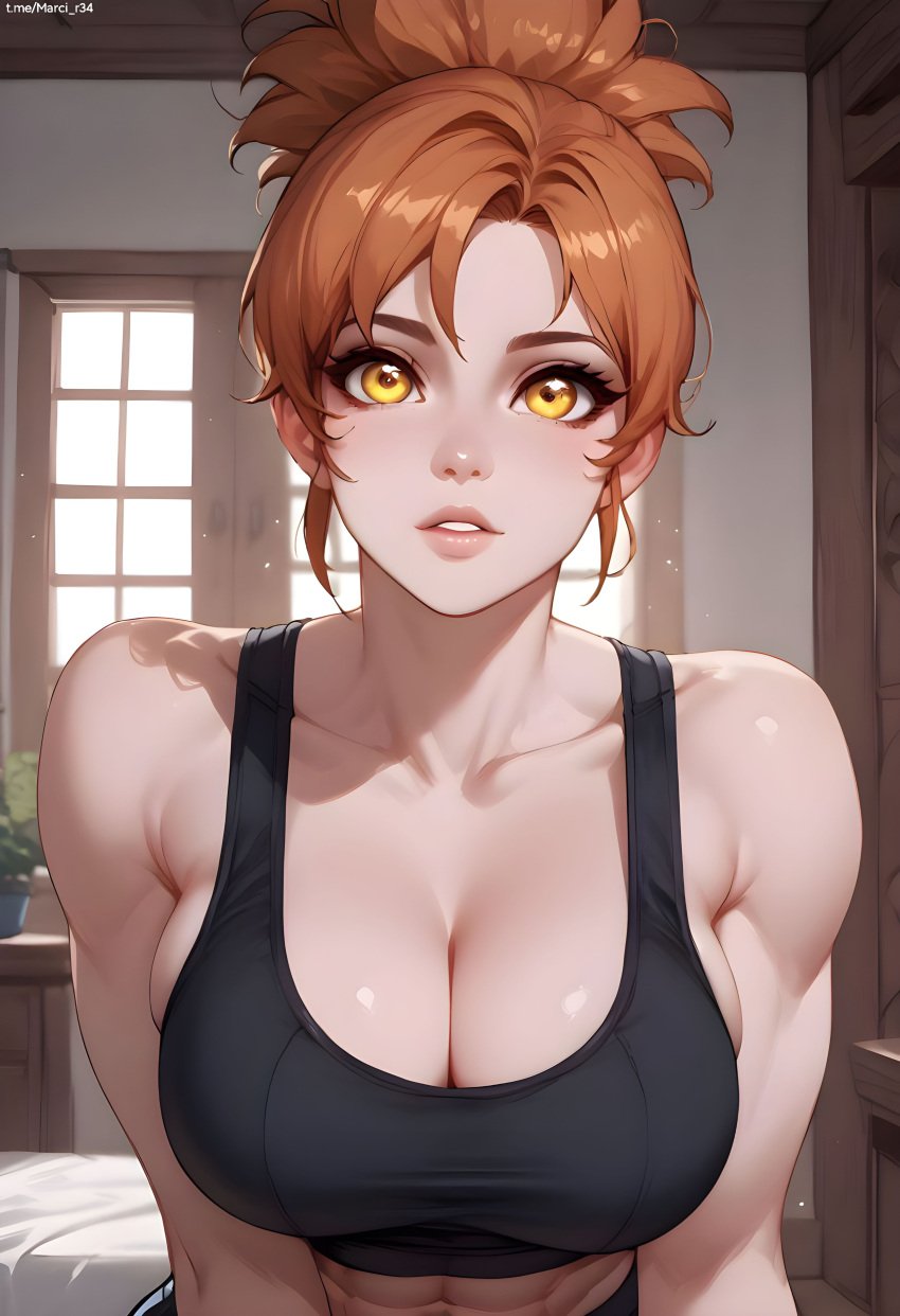 abs ai_generated bare_shoulders big_breasts black_sports_bra black_tank_top brown_hair cleavage collarbone dota_2 female hanging_breasts huge_breasts indoors looking_at_viewer marci muscular muscular_female parted_bangs parted_lips ponytail solo sports_bra thick_thighs thighs yellow_eyes