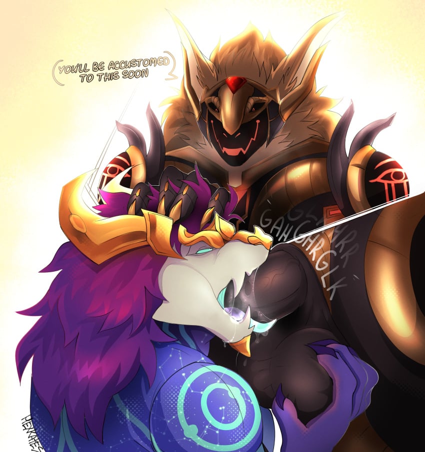 absurd_res anthro armor aurelion_sol balls blue_body bodily_fluids digital_media_(artwork) dragon duo eastern_dragon erection fan_character fur genital_fluids genitals hair hexkates hi_res league_of_legends machine male male/male male_penetrated male_penetrating male_penetrating_male mythological_creature mythological_scalie mythology nude oral oral_penetration penetration penis protogen protogen_visor riot_games saliva saliva_on_penis saliva_on_tongue saliva_string scalie sex simple_background speech_bubble tencent text