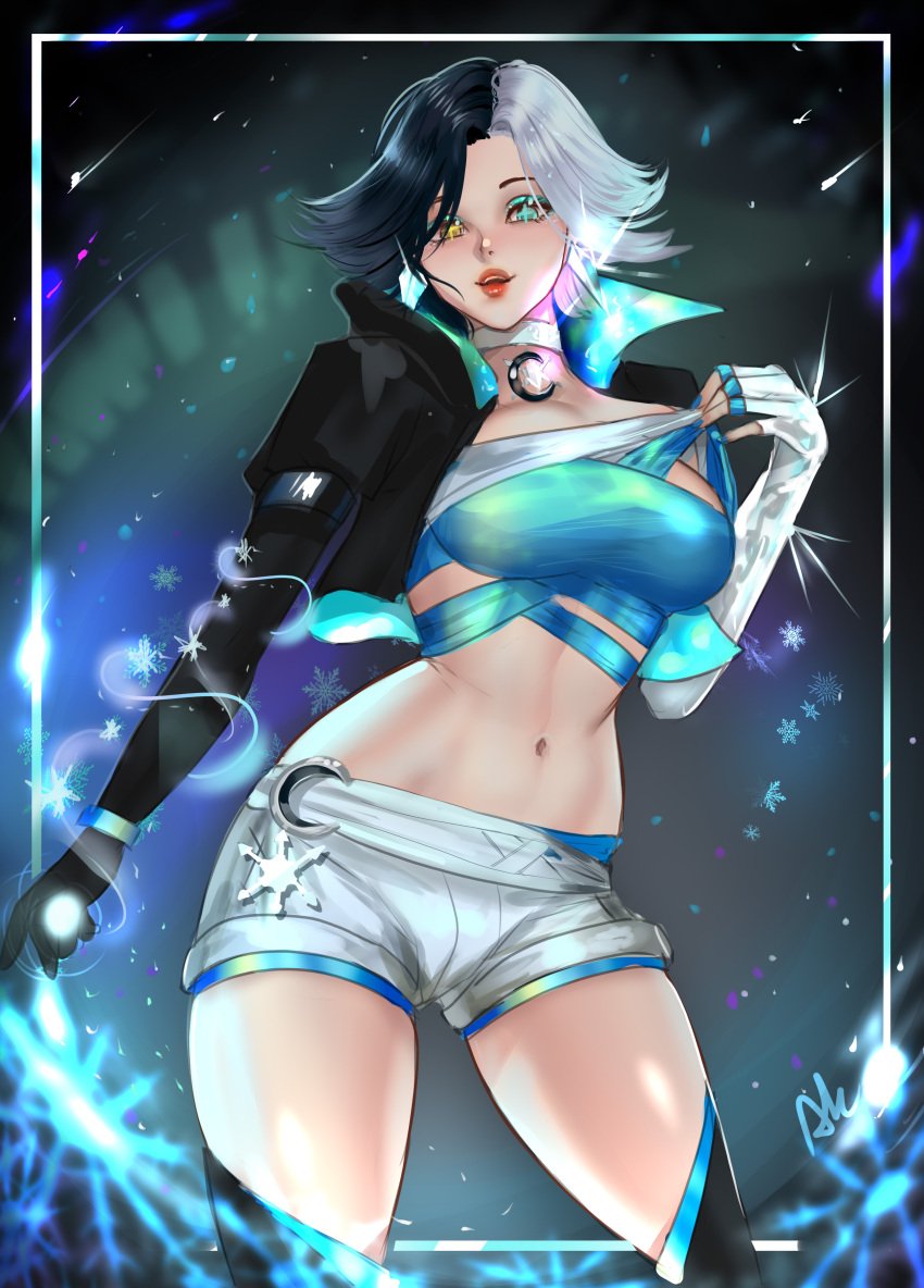 1girls arialla_draws big_ass big_breasts big_thighs black_hair clothed collar earrings female female_only heterochromia luna_snow luna_snow_(marvel_rivals) marvel marvel_rivals midriff navel revealing_clothes seductive seductive_look seductive_pose shiny shiny_clothes shorts slutty_pose solo solo_female solo_focus thick_thighs thighhighs toned toned_female two_tone_hair waist white_hair