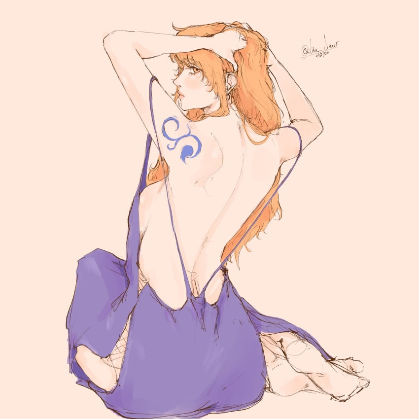 arm_tattoo arms_behind_head backless_dress backless_outfit bon_drawr clothing dress exposed_shoulders female female_only looking_at_viewer looking_back looking_back_at_viewer looking_over_shoulder messy_hair nami nami_(one_piece) one_piece orange_hair purple_dress sideboob tattoo