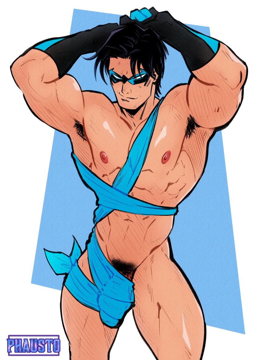 abs armpit_hair arms_up bara batman_(series) blue_ribbon dc dc_comics dick_grayson male male_focus male_only mask meme meme_reference muscular muscular_male nightwing nipples nude_guy_wrapped_in_ribbons_standing_(meme) pecs phausto pink_nipples pubes pubic_hair ribbon solo solo_male wrapped wrapped_penis