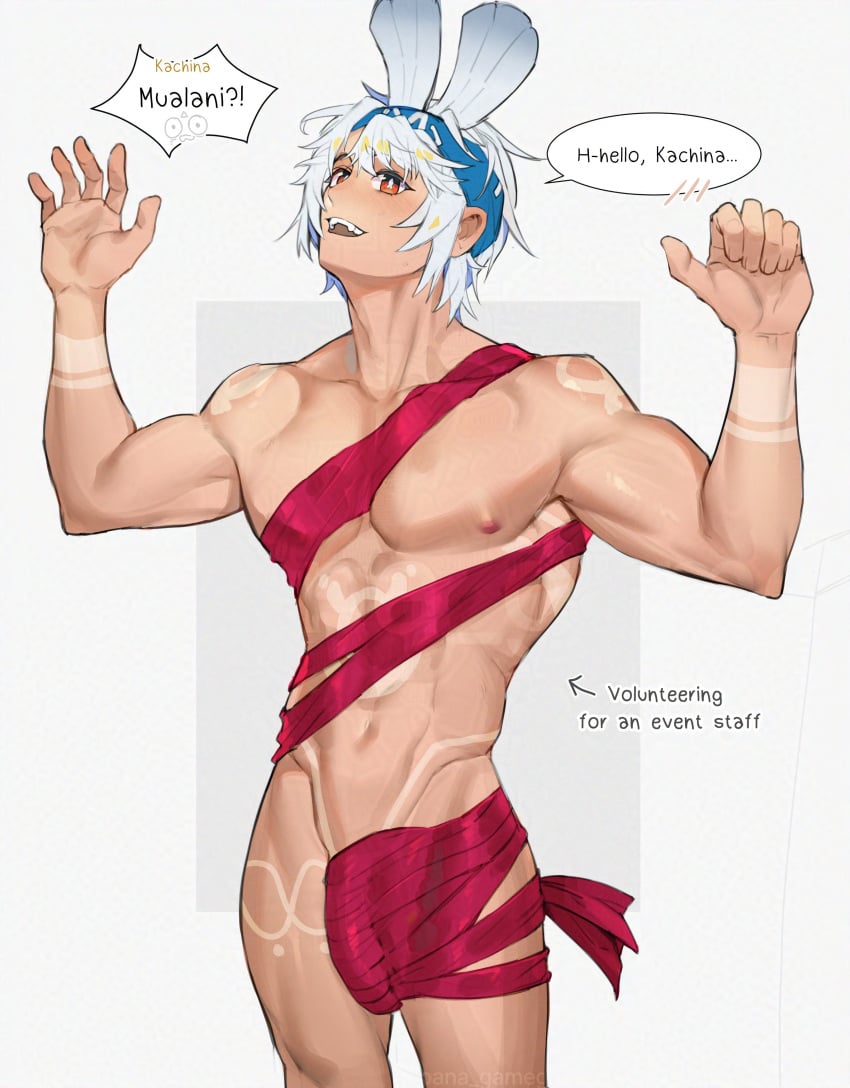 bana_gameg gay genderswap_(ftm) genshin_impact meme mualani_(genshin_impact) muscles nude_guy_wrapped_in_ribbons_standing_(meme) rule_63 solo wrapped yaoi