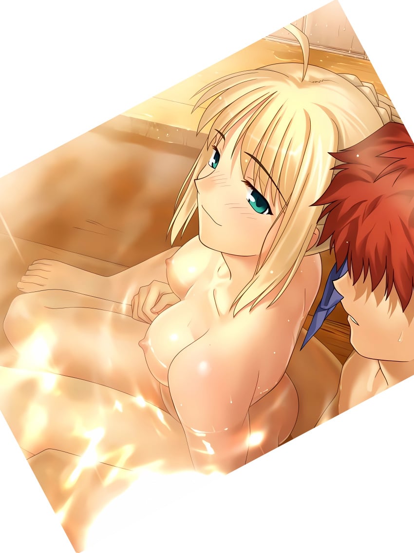 1boy 1girls ahoge artoria_pendragon artoria_pendragon_(fate) ass back_view bath bathing bathroom blonde_hair blue_ribbon blush blush blush_lines breasts completely_nude completely_nude_female completely_nude_male fate/hollow_ataraxia fate_(series) female light-skinned_female light_hair male orange_hair ribbon saber seductive_eyes seductive_smile spine takeuchi_takashi