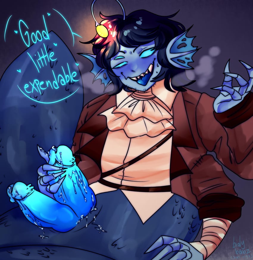 1boy 2_penises 3_arms 3_eyes 4_fingers anonymous_artist bandaged_arm black_hair blue_background blue_blush blue_cum blue_eyes blue_penis blue_precum blue_skin blue_tail blue_text blue_tongue blush blushing blushing_at_viewer blushing_male brown_jacket dark_blue_background dark_blue_tail digital_media_(artwork) ear_fins facial_hair fins fishtail genital_slit hand_on_penis jabot jacket light_blue_skin looking_at_viewer lure_(anatomy) male male_monster male_only merfolk merman monster monster_boy monster_male multi_arm multi_eye multi_genitalia multi_limb penis precum precum_drip precum_on_penis pressure_(roblox) scales sebastian_solace sharp_teeth short_hair simple_background solo solo_male steamy_breath straps sweatdrop