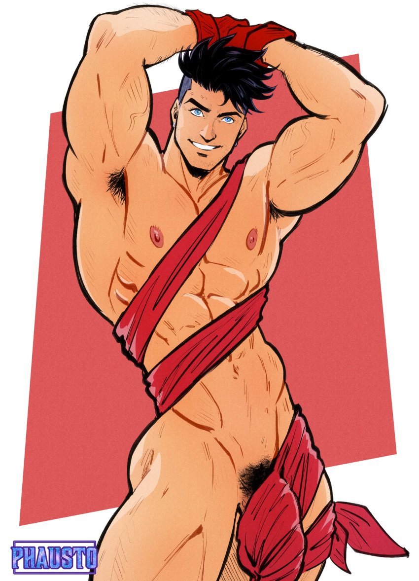 abs armpit_hair arms_up bara conner_kent dc dc_comics male male_focus male_only meme meme_reference muscular muscular_male nipples nude_guy_wrapped_in_ribbons_standing_(meme) pecs penis_outline phausto pubes pubic_hair red_ribbon ribbon smile solo solo_male superboy superboy_(conner_kent) superman_(series) wrapped wrapped_penis