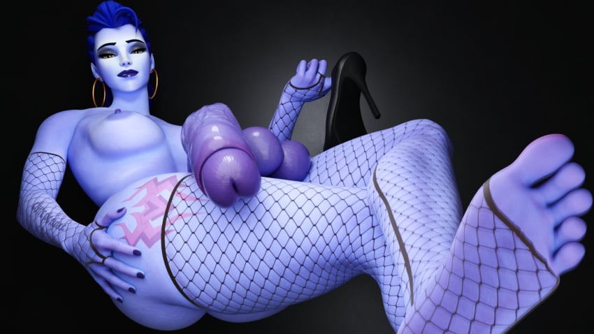 1futa 3d balls barefoot big_balls big_penis blizzard_entertainment breasts creamyeclair feet fishnets foot_fetish futanari high_heels looking_at_viewer nipples overwatch penis solo widowmaker