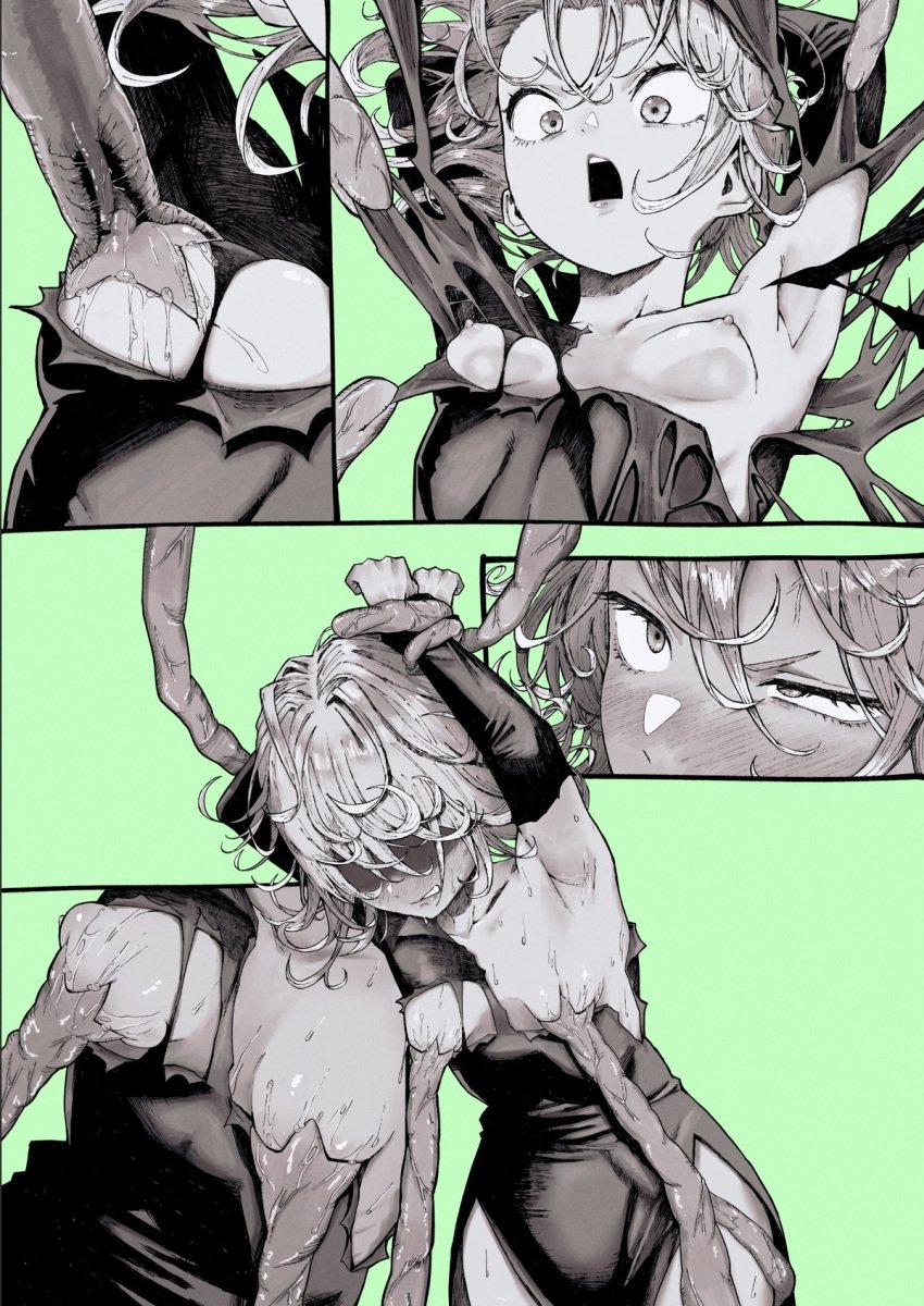 1girls areolae arms_up blush breast_milking breast_sucking breasts clenched_teeth defeated defeated_heroine erupusai2 exposed exposed_breasts female female_only hi_res highres milking milking_breasts milking_tentacles monochrome multiple_views nipples one-punch_man restrained restrained_by_tentacles ripped_clothing solo solo_female stripped_by_tentacles tatsumaki tentacle tentacle_sucking_breasts tentacle_under_clothes tentacles_around_wrists