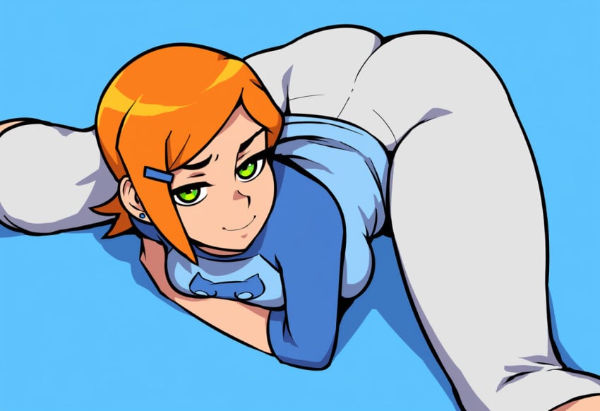 1girls aged_up ai_generated alternate_breast_size ass athletic_female ben_10 big_breasts cartoon_network female female_only flexible frown green_eyes gwen_tennyson high-angle_view large_breasts looking_at_viewer mullon novelai orange_hair solo splits thick_thighs