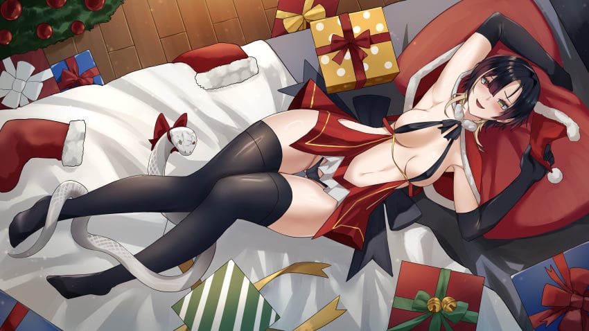 1girls bed christmas female kannagi_loki mchiefy phase_connect phase_connect_jp thigh_gap virtual_youtuber wide_hips