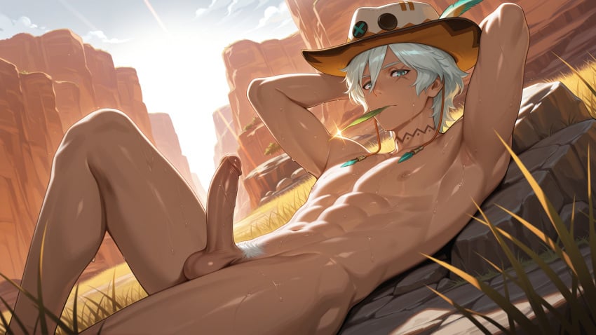 1boy 1male abs ai_generated armpits arms_behind_head arms_up balls big_penis brown_nipples brown_skin calf_muscles cock completely_nude cowboy_hat delicious dick erect_penis erection ethereal feathers fuckboy genshin_impact hands_behind_head hat ifa_(genshin_impact) inviting_to_sex juicy_cock juicy_thighs leaf_in_mouth looking_at_viewer lying_down lying_on_back male male_only nature nature_background neck_tattoo pecs penis petite_male scars shine slutty_waist sunlight sweating tall_male tan_skin thighs throbbing_penis veiny_penis white_hair white_pubic_hair yummy