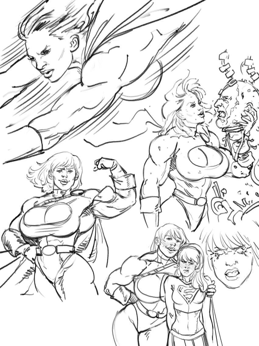 brainiac breast_envy cleavage_cutout dc dc_comics flexing huge_breasts leotard monochrome muscular_arms muscular_female power_girl side_hug sketch supergirl the-muscle-girl-fan