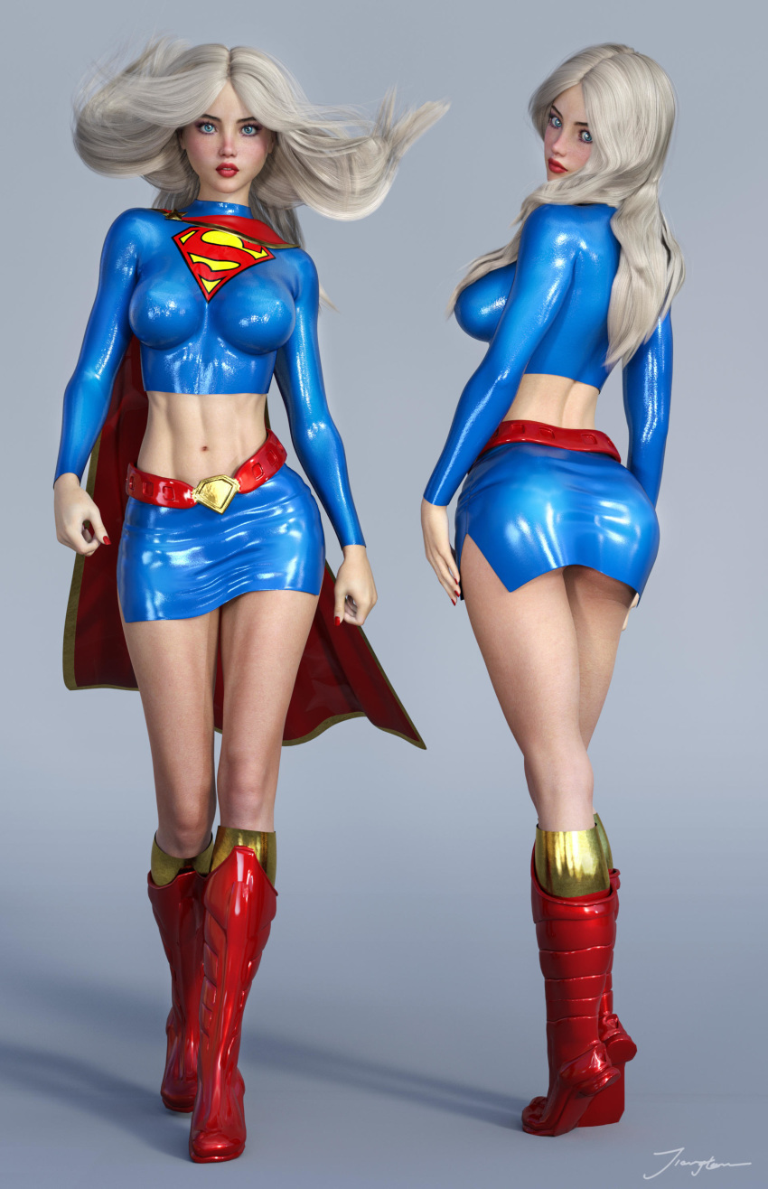 1girls 3d abs argoan ass back_view belly_button belt big_breasts blonde_hair blue_eyes blue_miniskirt blue_shirt blue_skirt blue_topwear boots breasts busty cape dat_ass dc dc_comics erect_nipples erect_nipples_under_clothes eyeshadow female female_only from_behind front_view kara_danvers kara_zor-el kryptonian large_breasts lipstick long_hair makeup mascara midriff muscular muscular_female nail_polish navel nipple_bulge nipples pinup red_belt red_boots red_cape red_lips red_lipstick red_nail_polish red_nails shirt signature skirt solo standing stomach supergirl superheroine superman_(series) thighs tiangtam tiptoes toned toned_female topwear