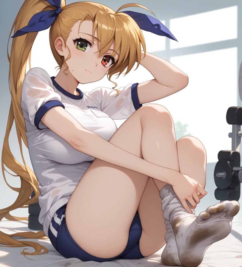 ai_generated blonde_hair dirty_feet dirty_socks dirty_soles feet feet_focus female green_eyes gym_uniform heterochromia mahou_shoujo_lyrical_nanoha mahou_shoujo_lyrical_nanoha_strikers red_eyes socks vivio