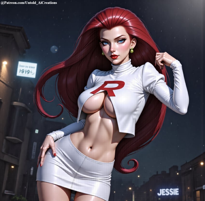 1girls ai_generated breasts cleavage clothed clothing cute female female_only jessie_(pokemon) light-skinned_female light_skin looking_at_viewer night pokemon pose public red_hair seductive skirt solo standing untoldaicreations untoldcreate