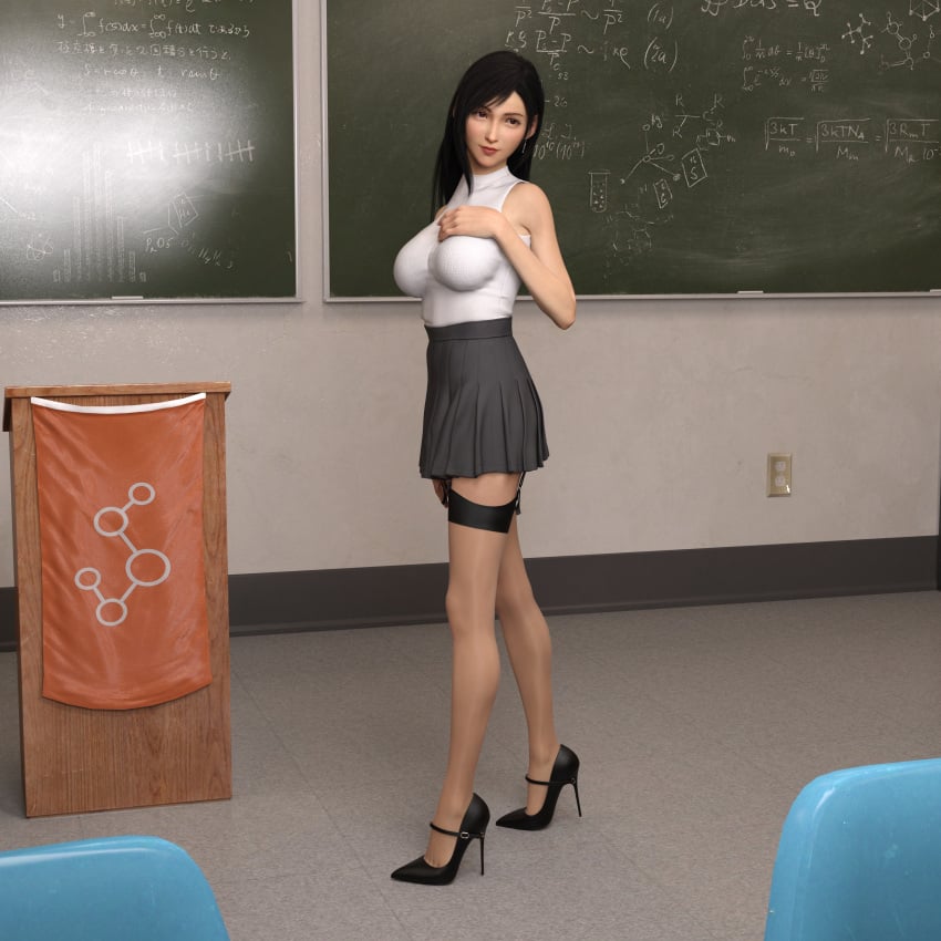 1girls 3d 3d_(artwork) 3d_model 3d_render artist_name big_breasts black_hair black_high_heels chalkboard classroom final_fantasy final_fantasy_vii final_fantasy_vii_rebirth final_fantasy_vii_remake fit_female garter_belt garter_straps hand_on_breast high_heels hourglass_figure light-skinned_female lingerie long_hair patreon_username posing posing_for_the_viewer red_eyes short_skirt skirt sleeveless sleeveless_shirt stiletto_heels stockings student teacher teasing tifa_lockhart white_topwear zenith0517