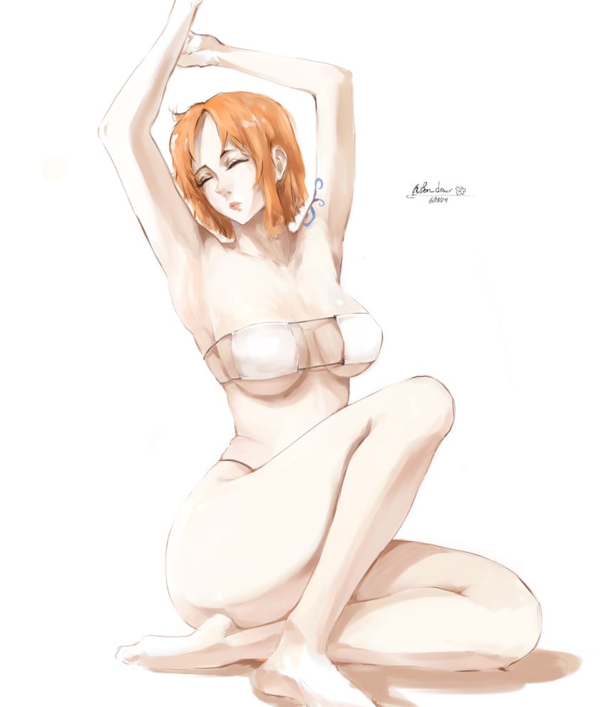 arm_tattoo armpits arms_up bikini bon_drawr breasts closed_eyes clothing female female_only legs nami nami_(one_piece) one_piece orange_hair pre-timeskip stretching tattoo white_bikini white_swimsuit