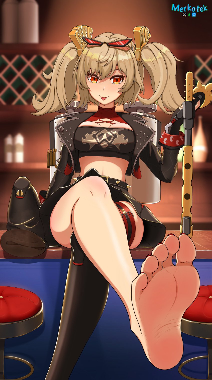 barefoot blonde_hair boots burnice_white crossed_legs feet female flamethrower glasses jacket merkotek red_eyes shoes_removed smile soles steam toes tongue tongue_out zenless_zone_zero