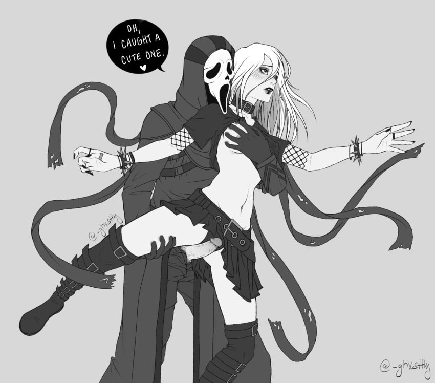 1boy 1girl blush bra_ crossover danny_johnson dead_by_daylight female ghostface ghxsttly goth goth_girl grabbing_breast grabbing_breasts holding_leg holding_person imminent_sex lipstick no sable_ward scream_(franchise) sex white_hair