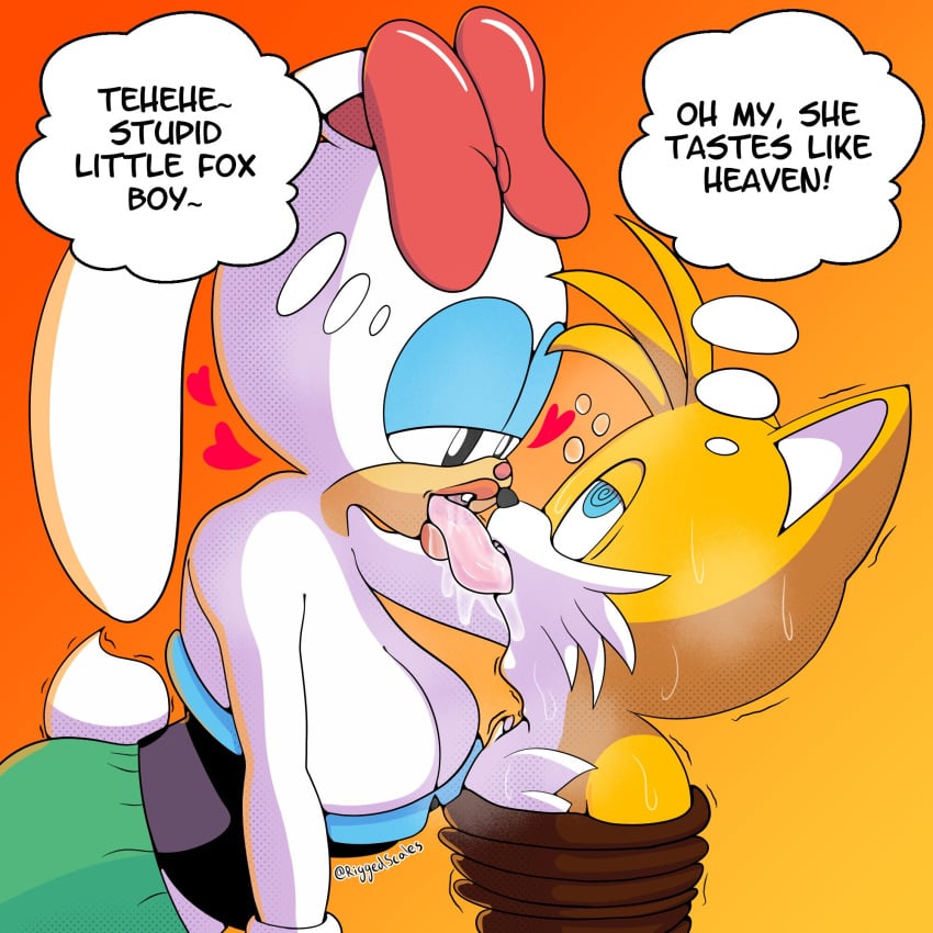 artist_name big_breasts blue_eyes bondage bunny_girl carrotia_the_rabbit carrottia_(sonic) clothed_female colored colored_background dialogue drooling extreme_french_kiss floating_hearts fox_boy french_kiss fully_colored green_eyes kissing long_tongue miles_prower motion_lines orange_lipstick riggedscales riggedscales saliva_on_tongue seductive_eyes sega shaded sonic_(series) sonic_the_hedgehog_(comics) swirling_eyes tails tails_the_fox thought_bubble tied_up twitter_username