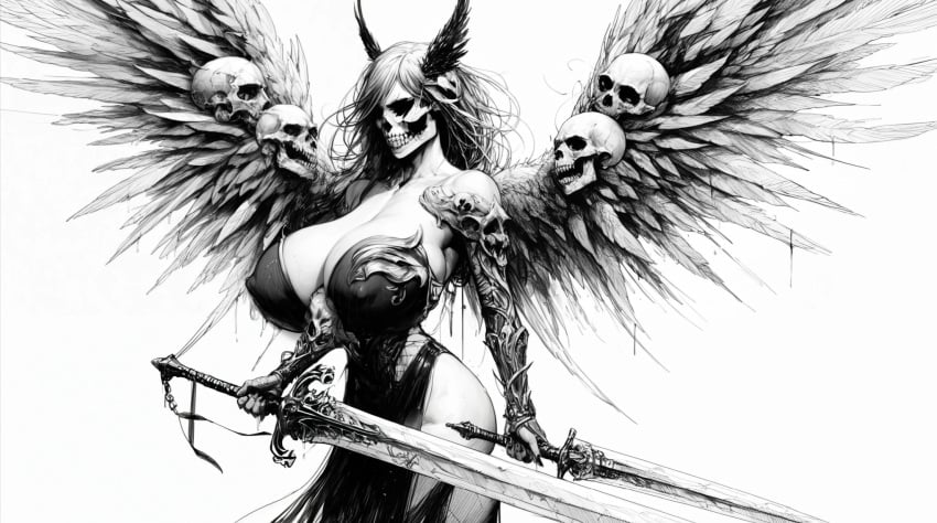 ai ai_generated angel angel_wings big_nipples black_and_white busty busty_female buxom devil fantasy horror huge_breasts nipples queen skull sword