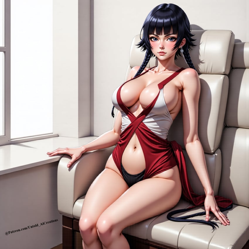 1girls ai_generated bleach breasts cleavage clothed clothing cute female female_only inside light-skinned_female light_skin looking_at_viewer no_sex not_porn safe seductive short_hair sitting soifon untoldaicreations untoldcreate