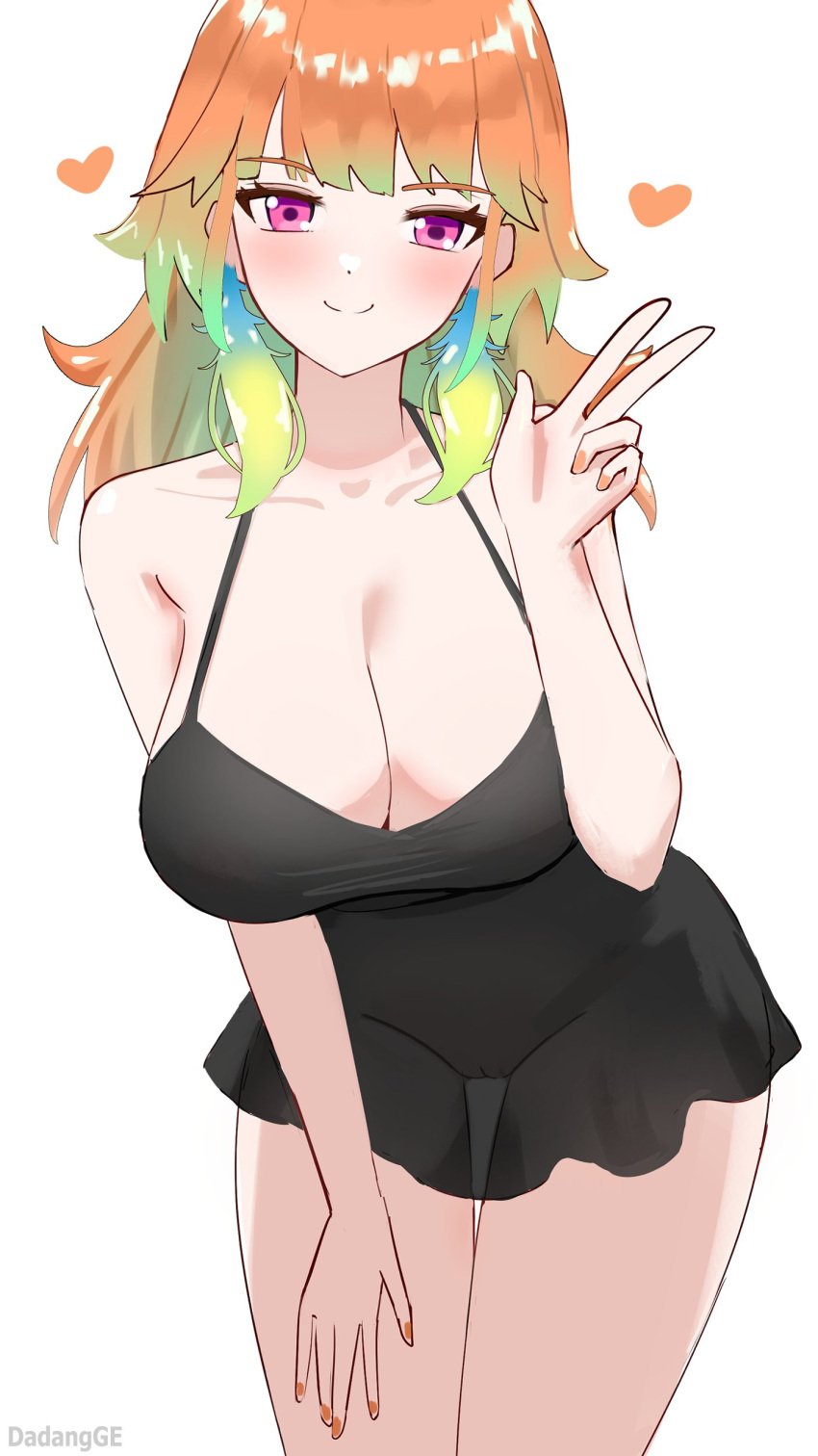 absurdres black_dress breasts cleavage closed_mouth dadangge dress female heart highres hololive hololive_english large_breasts leaning_forward orange_hair orange_nails pussy see-through_clothes see-through_dress short_dress smile solo takanashi_kiara virtual_youtuber w