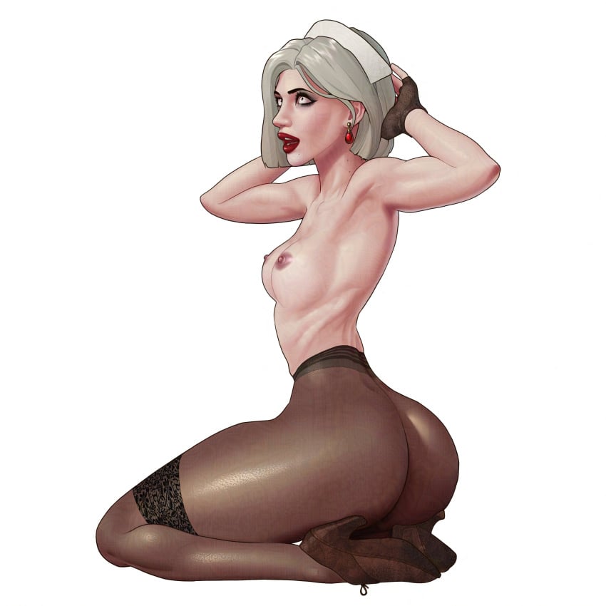 adjusting_hat galaad1800 grey_hair kneeling lipstick medium_breasts nurse_cap pale_skin pantyhose short_hair solo topless white_background