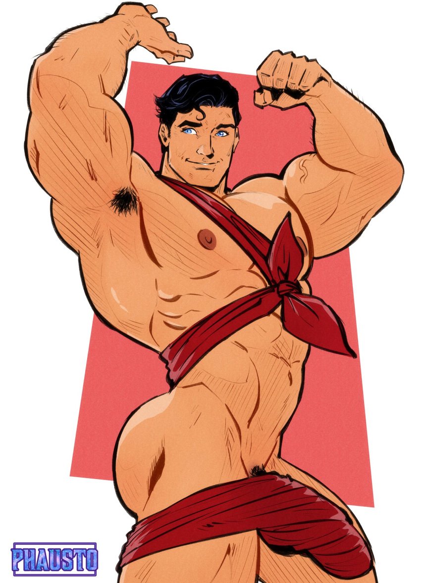 abs armpit_hair arms_up bara big_pecs big_penis clark_kent dc dc_comics male male_focus male_only meme meme_reference muscular muscular_male nipples nude_guy_wrapped_in_ribbons_standing_(meme) pecs penis_outline phausto pubes pubic_hair red_ribbon ribbon solo solo_male superman superman_(series) wrapped wrapped_penis