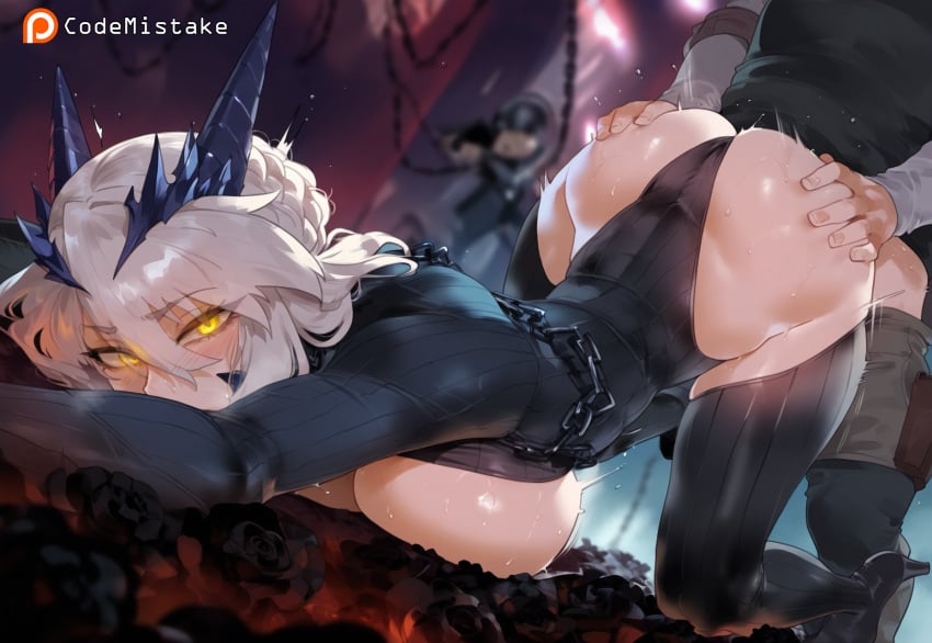 1boy ai_generated arched_back artoria_pendragon_(fate) artoria_pendragon_(lancer) artoria_pendragon_(lancer_alter) ass_grab blonde_hair blurry_background blush breasts breasts_out chains codemistake covered_mouth female flowers glowing_eyes leotard patreon patreon_logo patreon_reward patreon_url yellow_eyes