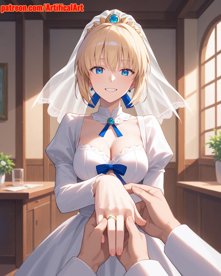 1girls ai_generated artifical_art athletic athletic_female blonde_hair blue_eyes bride cute cute_face fate/grand_order fate/stay_night fate/zero fate_(series) light-skinned_female light_skin pale-skinned_female pale_skin perky_breasts saber seductive skinny_girl thin_waist