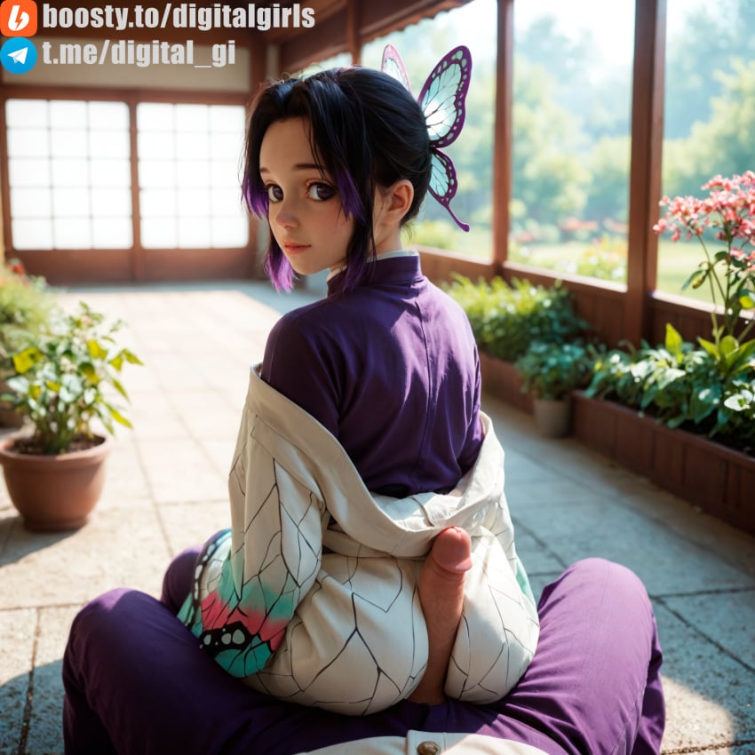 ai_generated black_hair butterfly_hair_ornament cute cute_face demon_slayer flowers kochou_shinobu looking_at_viewer looking_back medium_hair medium_penis penis_between_ass purple_hair purple_shirt realistic white_kimono