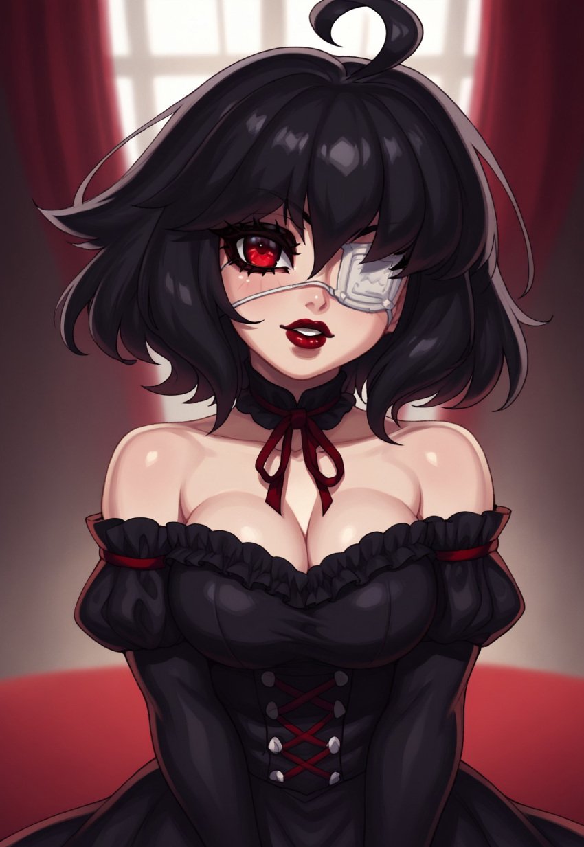 ahoge ai_generated aipornarts bare_shoulders black_dress black_hair breasts cleavage dress eyepatch female gothic_lolita juliet_sleeves lipstick lolita_fashion looking_at_viewer makeup medical_eyepatch red_eyes red_lips red_ribbon solo