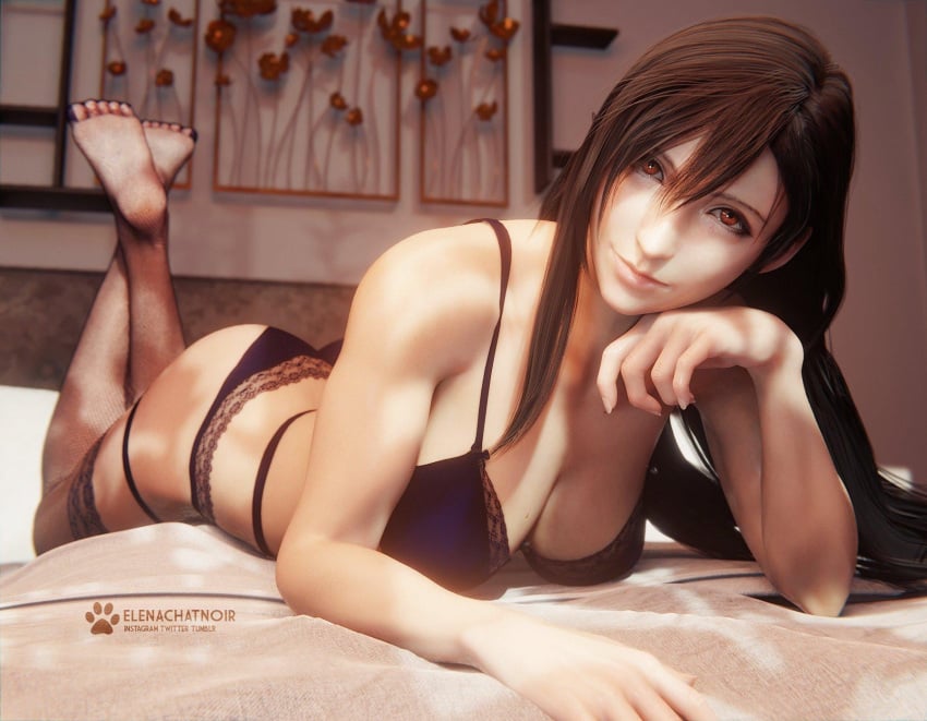 3d 3d_(artwork) 3d_model 3d_render artist_name bedroom big_ass black_hair bra crossed_legs elenachatnoir final_fantasy final_fantasy_vii final_fantasy_vii_rebirth final_fantasy_vii_remake fishnet_legwear head_on_hand highres instagram_username lace-trimmed_bra lace-trimmed_panties lingerie lingerie_only long_hair looking_at_viewer on_bed panties posing posing_for_the_viewer red_eyes round_ass seductive stockings tifa_lockhart tumblr_username twitter_username underwear