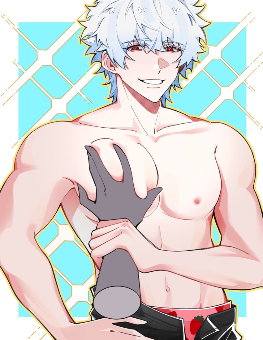 1boy disembodied_hand gintama gintoki_sakata hakane910 hand_on_hip male male_only muscular muscular_male open_pants pale-skinned_male pale_skin pec_grab pec_grasp pecs pov red_eyes smile solo_focus strawberry_print topless topless_male white_hair