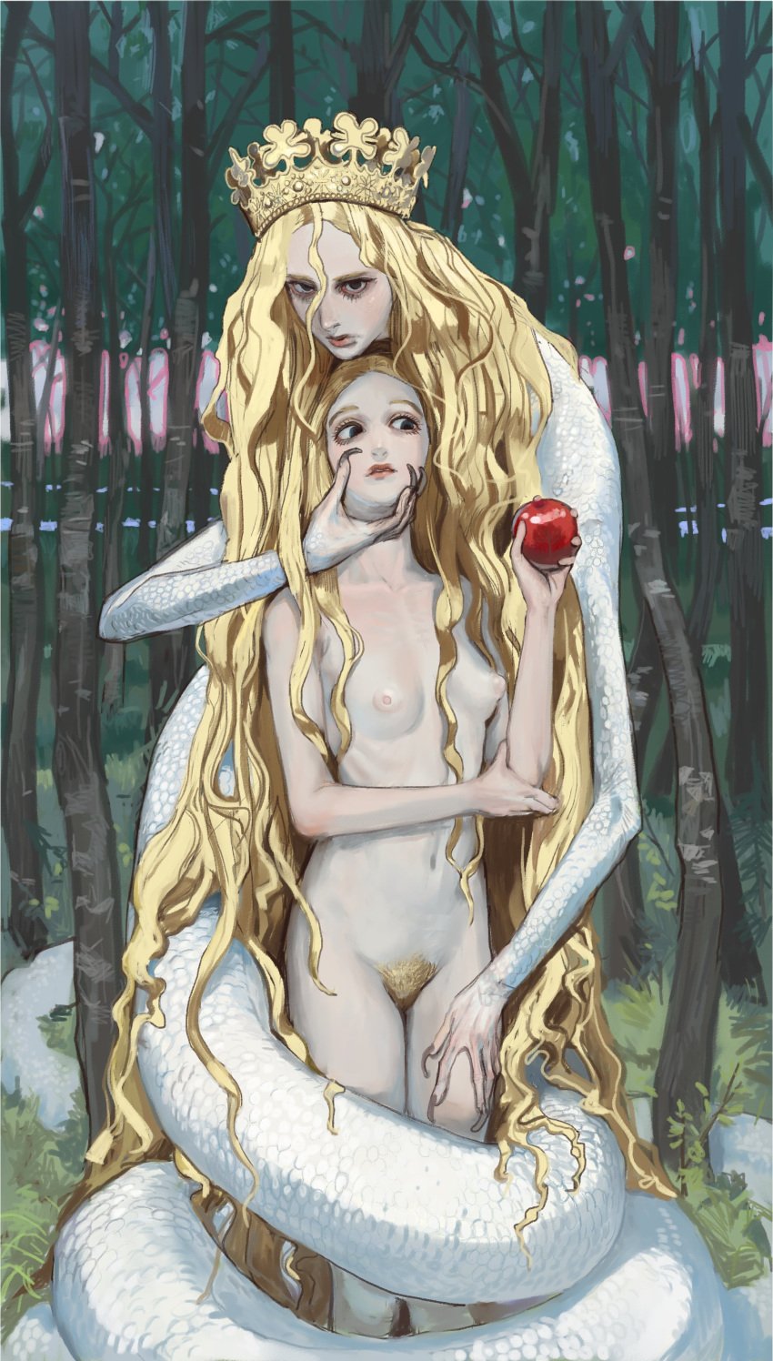 apple bible blonde_hair crown eve_(biblical_figure) humanized long_hair mossa nude outdoors pale_skin pubes small_breasts snake_girl standing