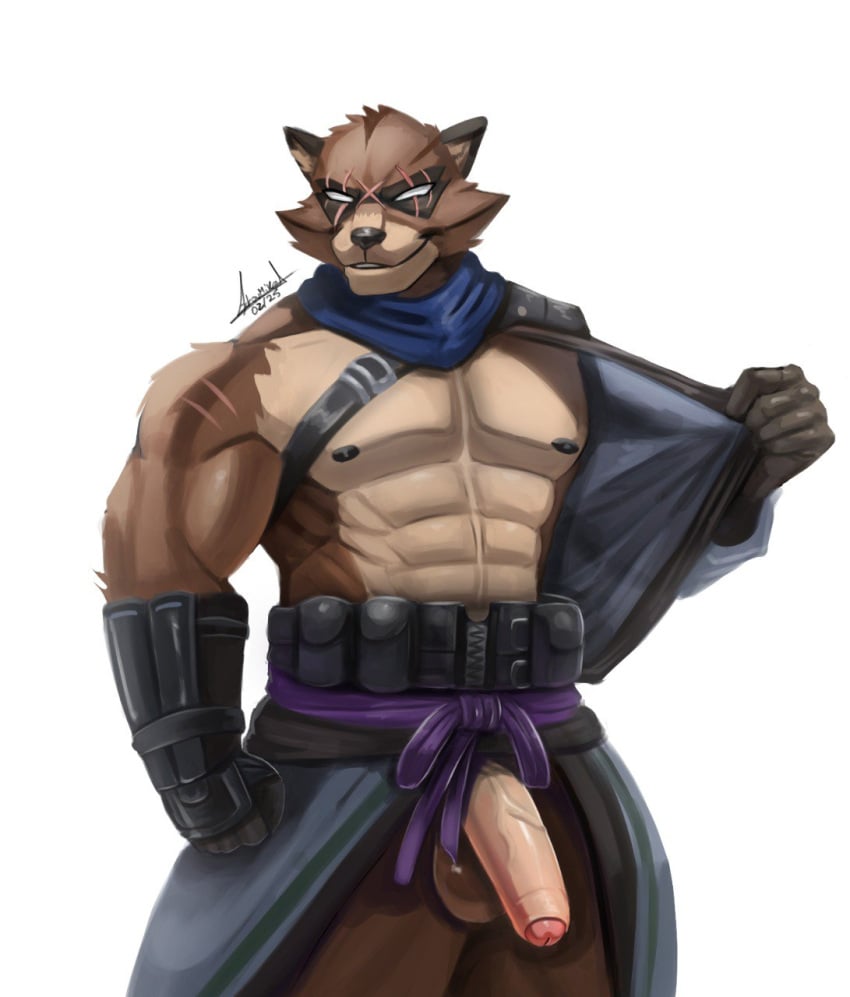 2025 abs adrovmike anthro balls biceps bodily_fluids brown_body brown_fur canid canine clothing digital_media_(artwork) epic_games erection fortnite fur gay genitals hair hajime_(fortnite) hi_res humanoid_genitalia looking_at_viewer male mammal muscular muscular_anthro muscular_male nipples nude pecs penile penis procyonid raccoon raccoon_dog scar simple_background smile solo tanuki