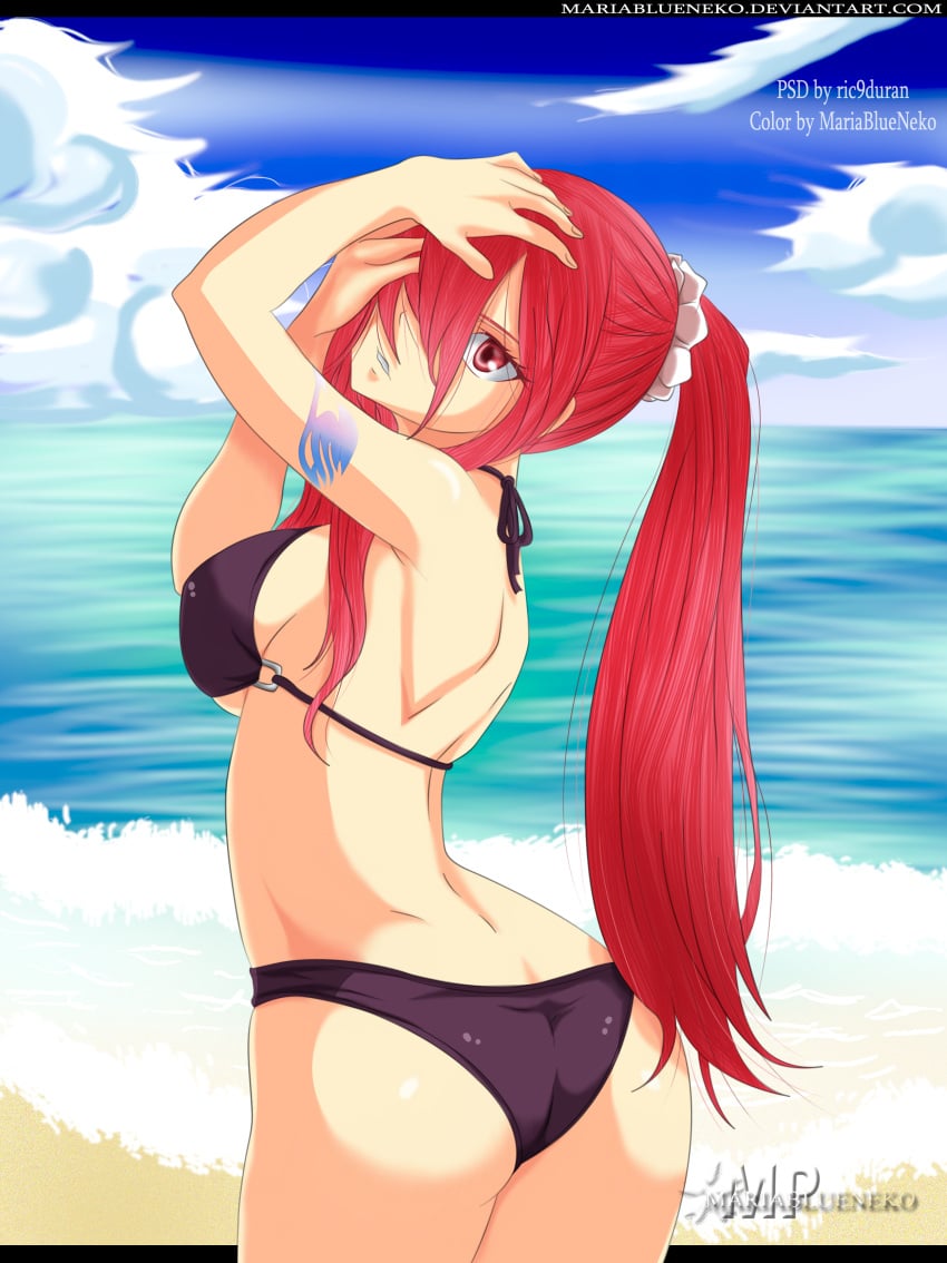 1girls ass bikini bikini_only black_bikini black_bikini_only butt erza_scarlet fairy_tail female female_only female_solo mariablueneko red_hair solo solo_female solo_only