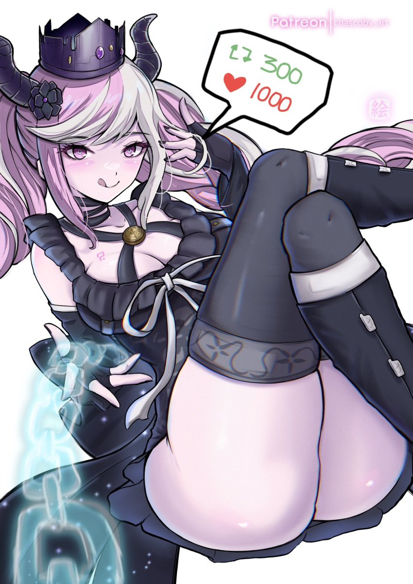 1female 1girls 2023 :q big_breasts black_horns blush boots breasts chain_leash chained chains chascoby crown female female_focus female_only femdom flower flower_in_hair gloves horns large_breasts leash leashed_pov legs long_hair master_detective_archives:_rain_code meme multicolored_hair pink_eyes pink_hair shinigami shinigami_(rain_code) strip_game thick_thighs thighs twintails twitter_strip_game_(meme) white_hair