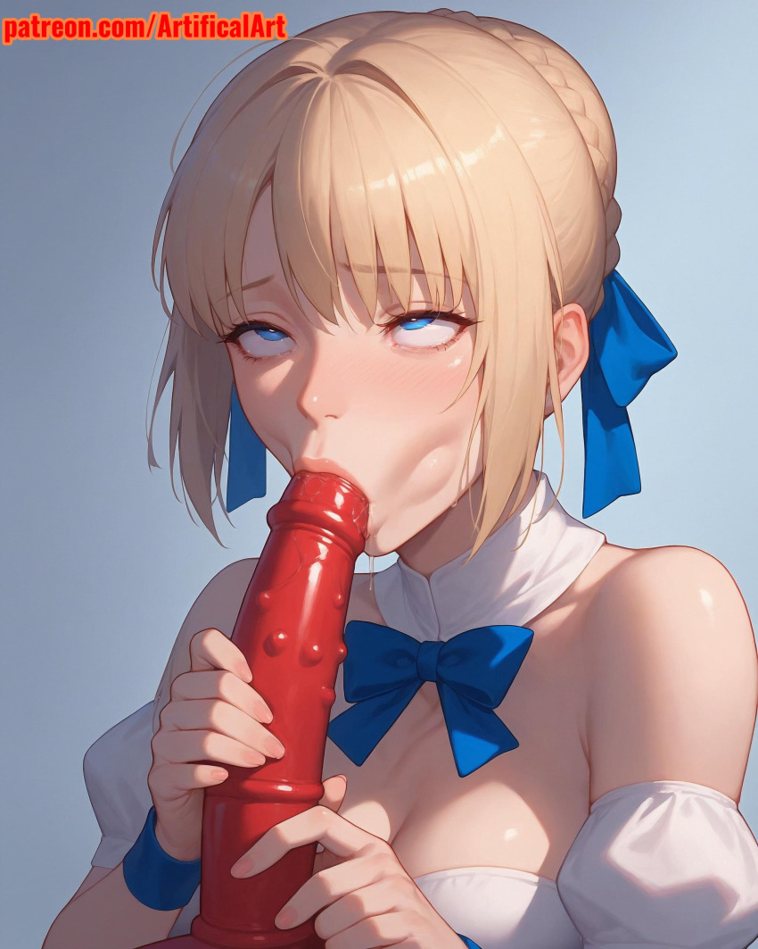 1girls ai_generated artifical_art athletic athletic_female blonde_hair blue_eyes blush cute cute_face dildo dildo_in_mouth fate/grand_order fate/stay_night fate/zero fate_(series) light-skinned_female light_skin pale-skinned_female pale_skin perky_breasts red_dildo rolling_eyes saber seductive sex_toy skinny_girl solo sucking sucking_dildo thin_waist