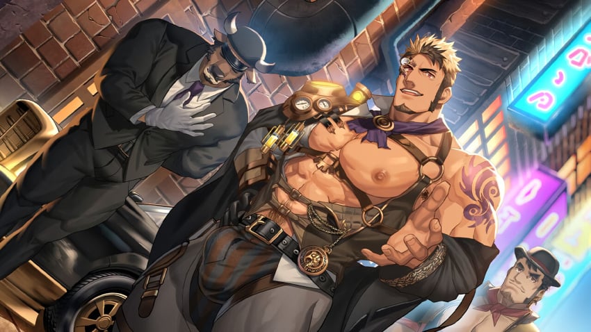 3boys abs another_eidos_of_dragon_vein_r anothereidos_of_dragon_vein_r anthro assless_pants bara beard beefy belt biceps big_areola big_breasts big_bulge blonde_hair bovine bovine_humanoid brick_wall brown_hair buckle bulge bulge_through_clothing bull_horns car chauffeur_uniform city daddy dilf driver exposed_breasts exposed_nipples furry gay gloves happy_trail hat hi_res horn human hunk looking_at_viewer magritte male male_breasts male_only manly mature_male monocle multicolored_hair muscles muscular muscular_arms muscular_male neckerchief night nullqllun open_mouth oppai orange_eyes outdoors pecs pocket_watch salute short_hair sideburns six_pack skimpy standing steampunk straps striped striped_legwear tattoo tattooed_arm thick_arms tight_clothing tough_guy two-tone_hair welcoming yaoi