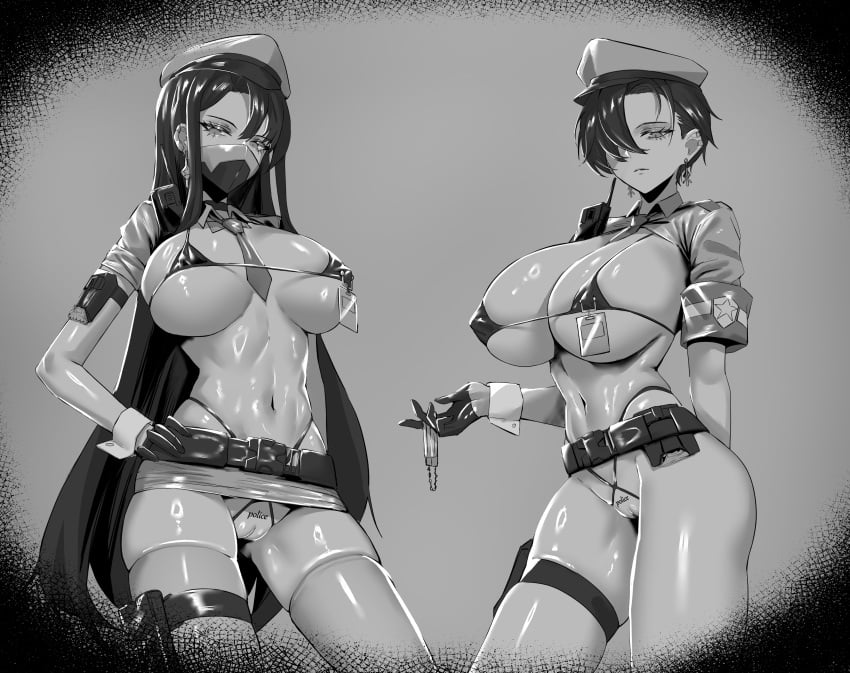 2girls ass belt bikini_top bikini_top_only body_writing breasts breasts_apart choker cuffs_(clothing) earrings female female_focus gloves greyscale hair_between_eyes hair_over_one_eye handcuffs hs_mollu huge_breasts id_card inner_sideboob large_breasts long_hair looking_at_viewer mask medium_hair monochrome multiple_girls navel necktie necktie_between_breasts nipple_piercing nipple_piercing_identification pierced_nipples police police_hat police_uniform policewoman practically_nude simple_background skindentation thick_thighs thigh_strap thighhighs uncensored underboob